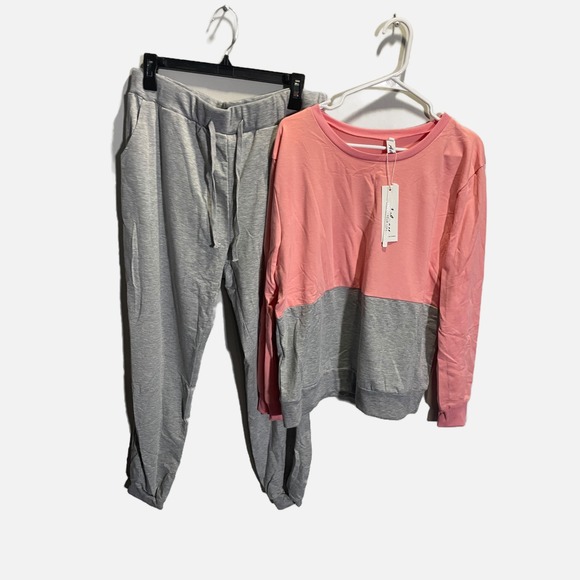 Aibrou Womens 2 Piece Loungewear Set Pink Grey Joggers Sweatshirt XXL NWT - Picture 2 of 4